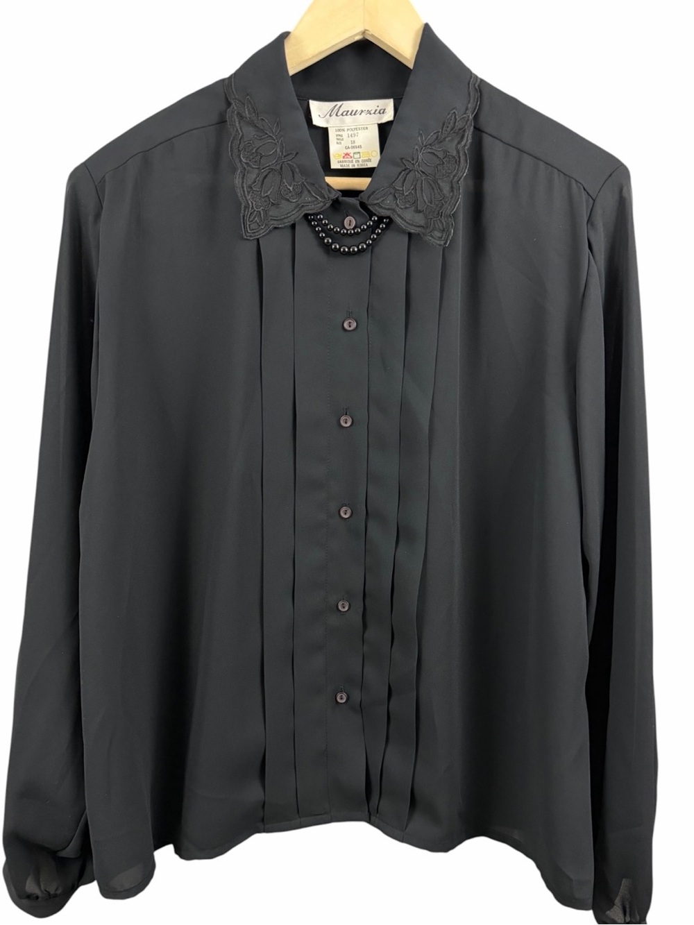 Vintage Maurzia Black Blouse Embroidered Collar Removable Bead Accent Size 18